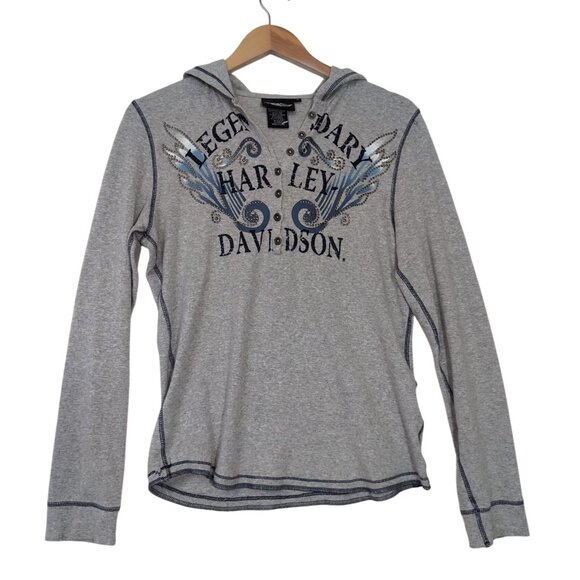 Harley Davidson Hoodie Shirt Womens L Gray Long Sleeve Stretch Motorcycle Biker - Picture 1 of 10